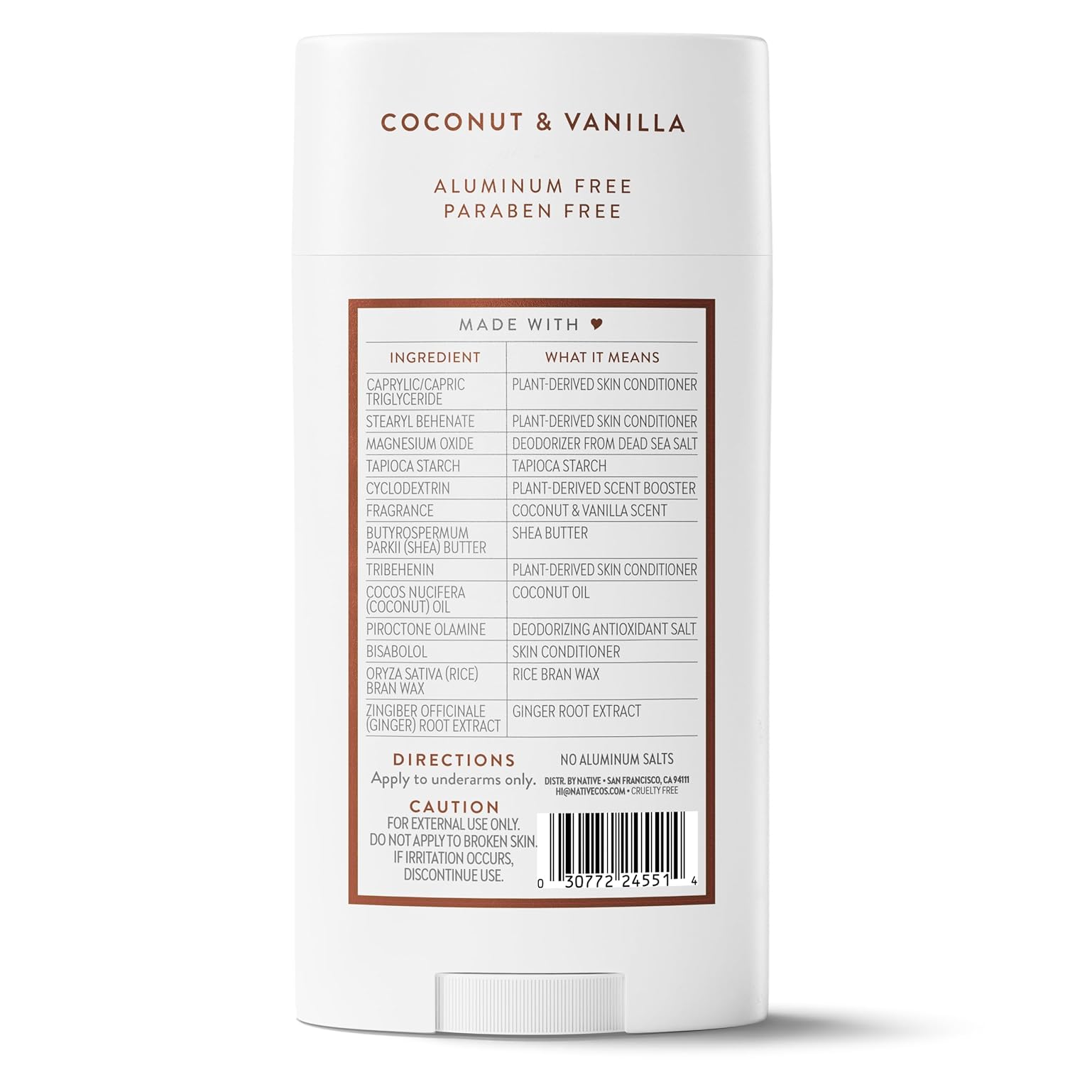 Native Aluminum Free Deodorant, Coconut & Vanilla, Large Size Stick, 72 Hour Odor Control, for Women & Men, Contains Naturally Derived Ingredients, 3.1 oz