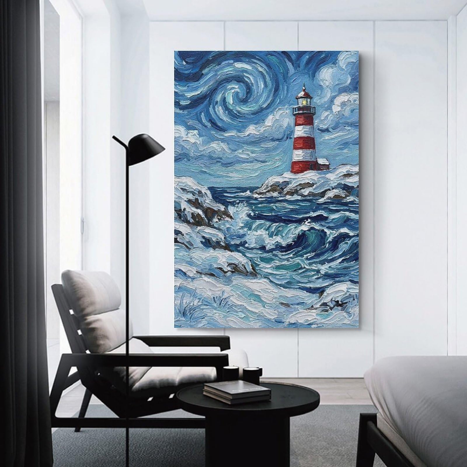 Junmoney Wall Art Print Winter Lighthouse Seascape Painting, 24x36inch(60x90cm), for Home Lounge, Bedroom Or Reading Nook, Canvas Styling for A Polished Room Look