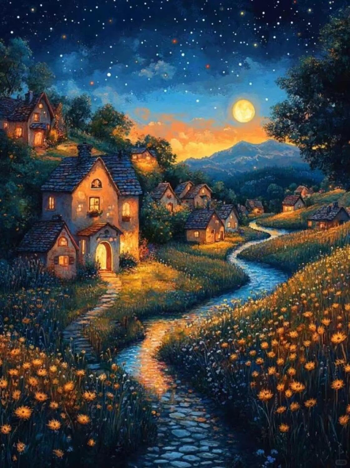 Rqwybcaxn Seed Bead Embroidery Kits Starry Sky and Town 40x50cm