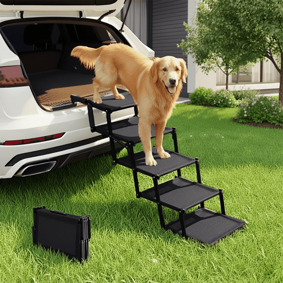 Foldable Dog Stairs for Large Dogs – Extra Wide Pet Ramp for Cars, SUV, Truck, Non-Slip Surface, Supports Up to 250 Lbs, 5 Steps