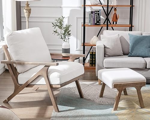 Miniatura 13 de Silla decorativa moderna de mediados de siglo con otomana, juego de sillón tapizado de lino de granja y otomano, silla de descanso retro de 23