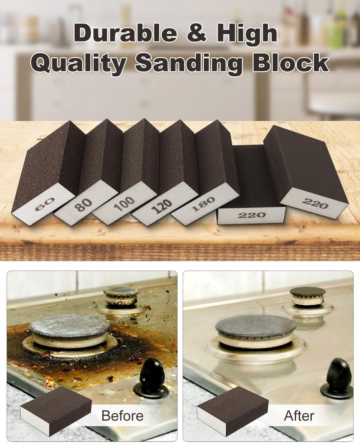Rocaris 60 Pack Sanding Blocks, Washable and Reusable Sanding Sponge Fine Coarse for Wood and Drywall 60, 80, 100, 120, 180, 220 Grit