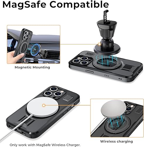 Miniatura 5 de EWA Funda para iPhone 15 Pro compatible con Magsafe con soporte de anillo, agarre de correa de silicona, cierre trasero de doble imán, protección