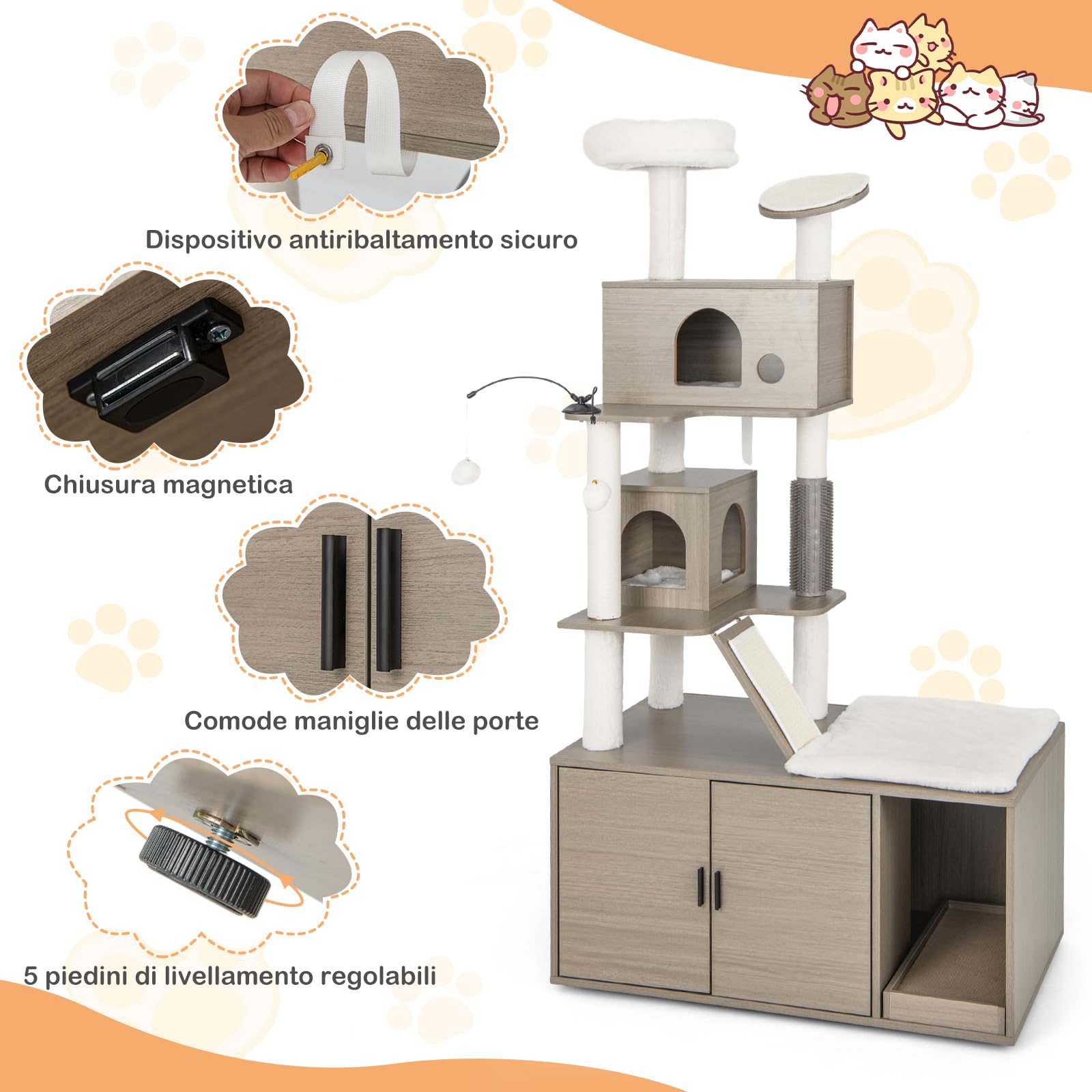 GYMAX Albero Tiragraffi per Gatti con Mobile Nascondi Lettiera, Torre per Gatti Tutto-in-uno con 2 Casette, Tiragraffi, Tappeti di Sisal, Palline, Spazzola, Mobile in Legno per Gatti Domestici