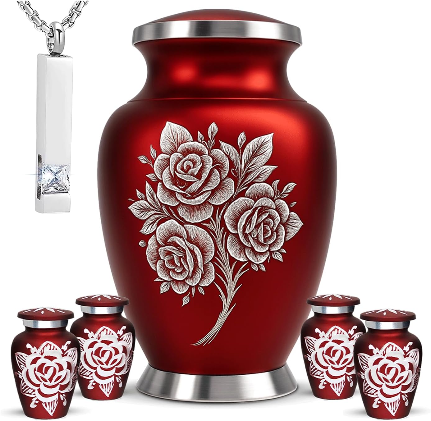 Urn for Ashes for Women – Red Urn for Human Ashes Adult Female with 4 Keepsake Urns – Elegant Cremation Urn Set with Velvet Bag & Gift Box