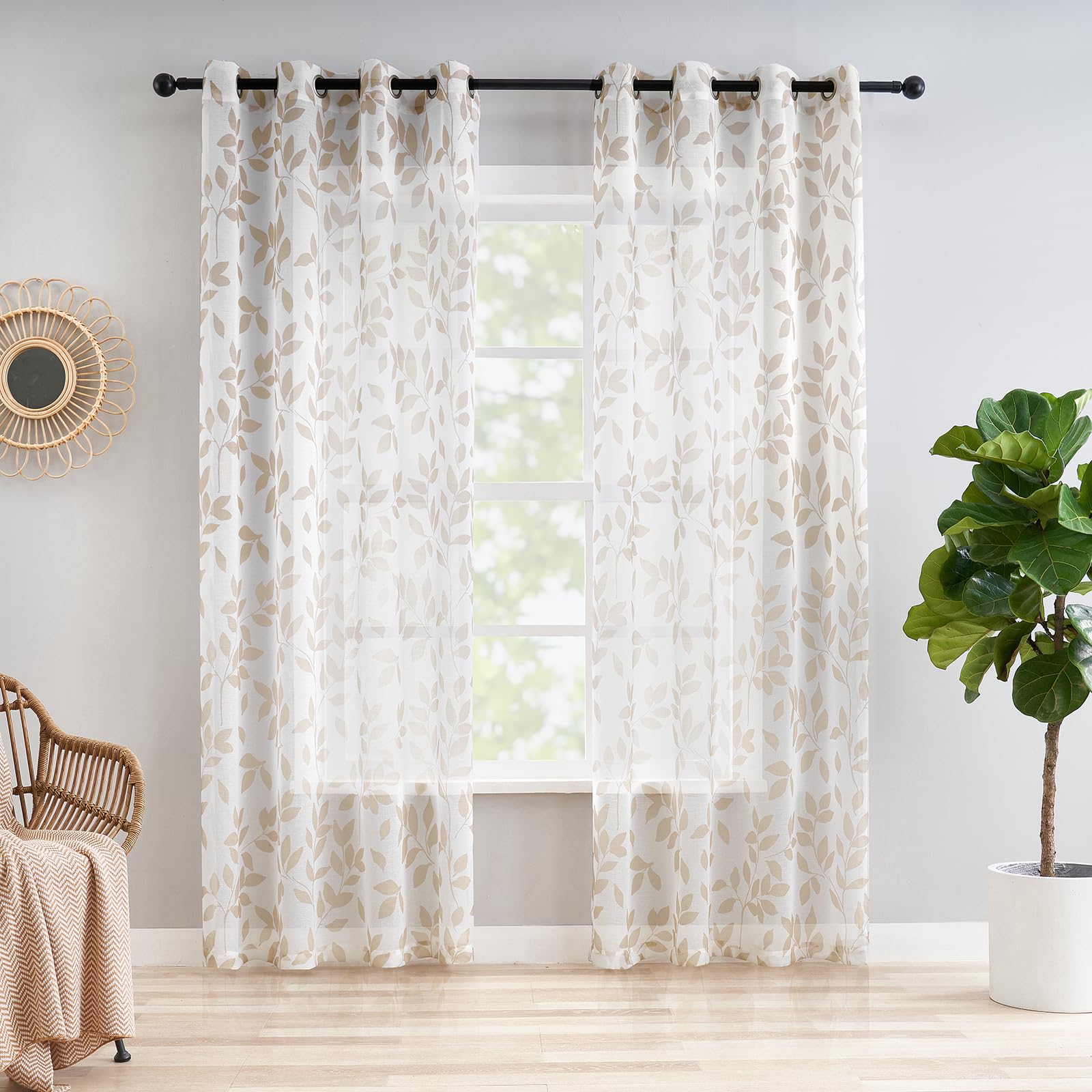 Treatmentex Cortinas Traslúsidas con Estampado de Hojas para Salón, Cortinas de Ventana Botánicas para Dormitorio con Textura de Lino Claro 2 Piezas, 140x175cm, Blanco y marrón Claro