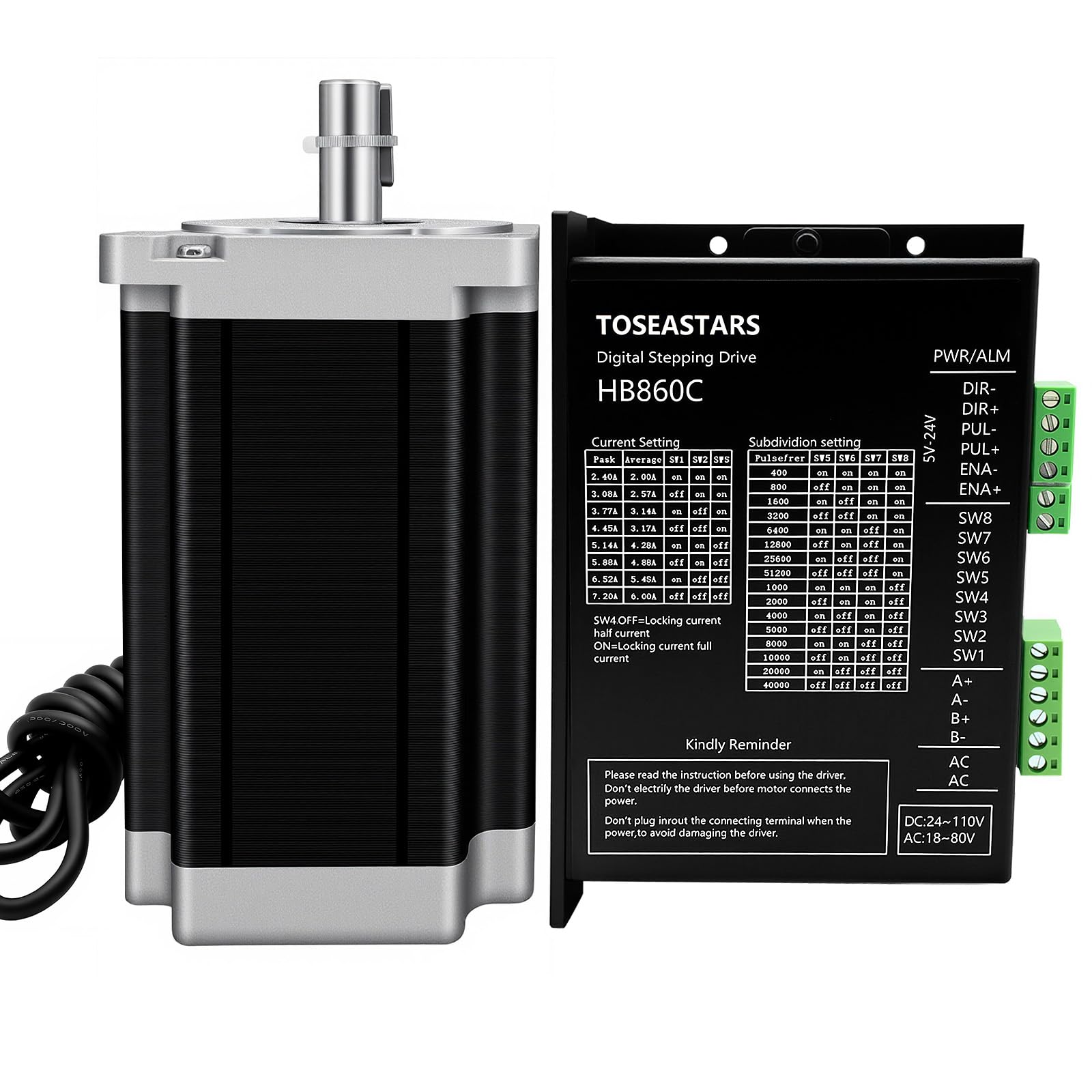 Nema - Kit motore passo-passo 34, 12 Nm, 120 Ncm, 1700 oz-in 2PH 6,0 A, 14 mm, albero Nema34, 86 mm, motore stepper e 2,4 – 7,2 A, 24 – 110 VDC