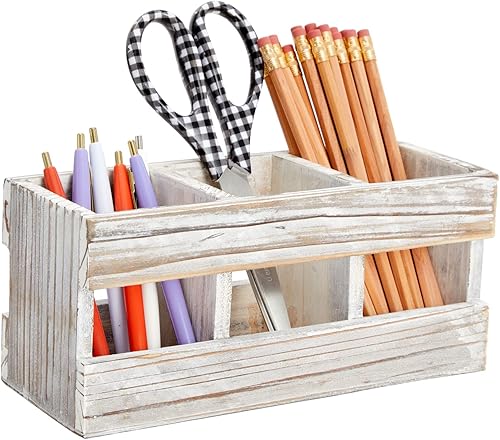 Juvale Farmhouse Decor - Portalápices y organizador de escritorio con 3 compartimentos, 9.5 x 4.25 x 4 pulgadas, acabado rústico de madera de cedro,