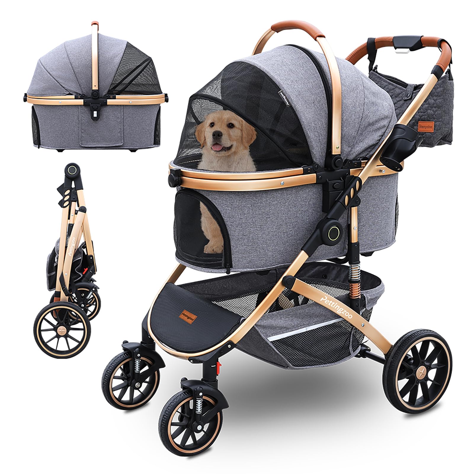 Pettingzoo Dog stroller with 4 Wheels, Folding Cat Stroller for Small/Medium/Large dogs & cats to 60 lbs, pet stroller with removable carrier, Storage