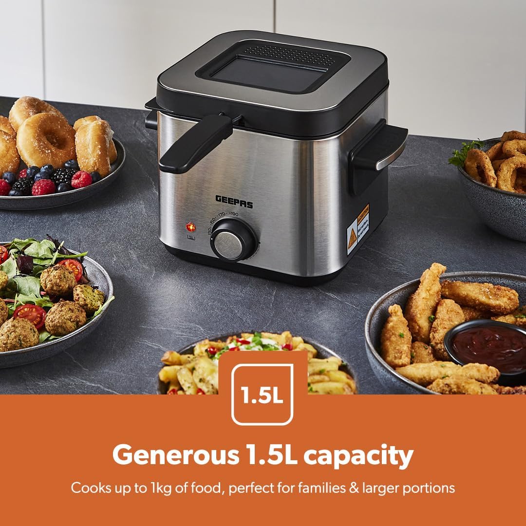 900W Deep Fat Fryer 1.5L - Stainless Steel Housing with Cool Touch Handle - Chrome Plated Inner Pot with Viewing Window - Temperature Control with Overheating Protection - 2 Years Warranty