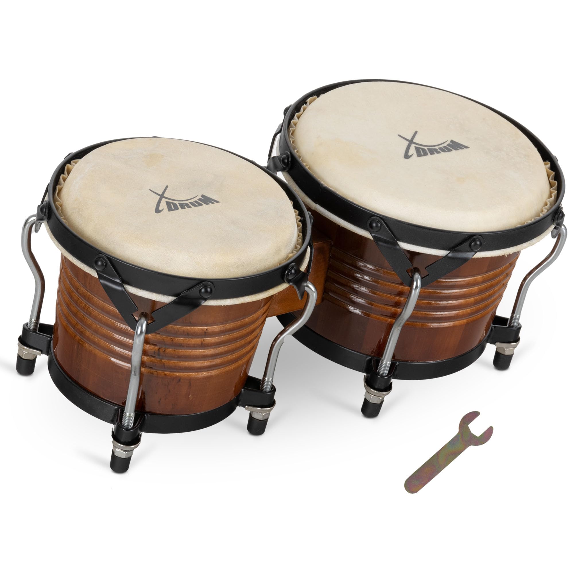 XDrum Bongos Pro Tobacco, 2 tambores ("macho" y "hembra"), 5" (17 cm) y 7 | Tamaños de bongo: 6, 5" (17 cm) y 7, 5" (20 cm), Parches naturales, Madera: abedul, Herrajes cromados, 5 x 41 x 21 cm