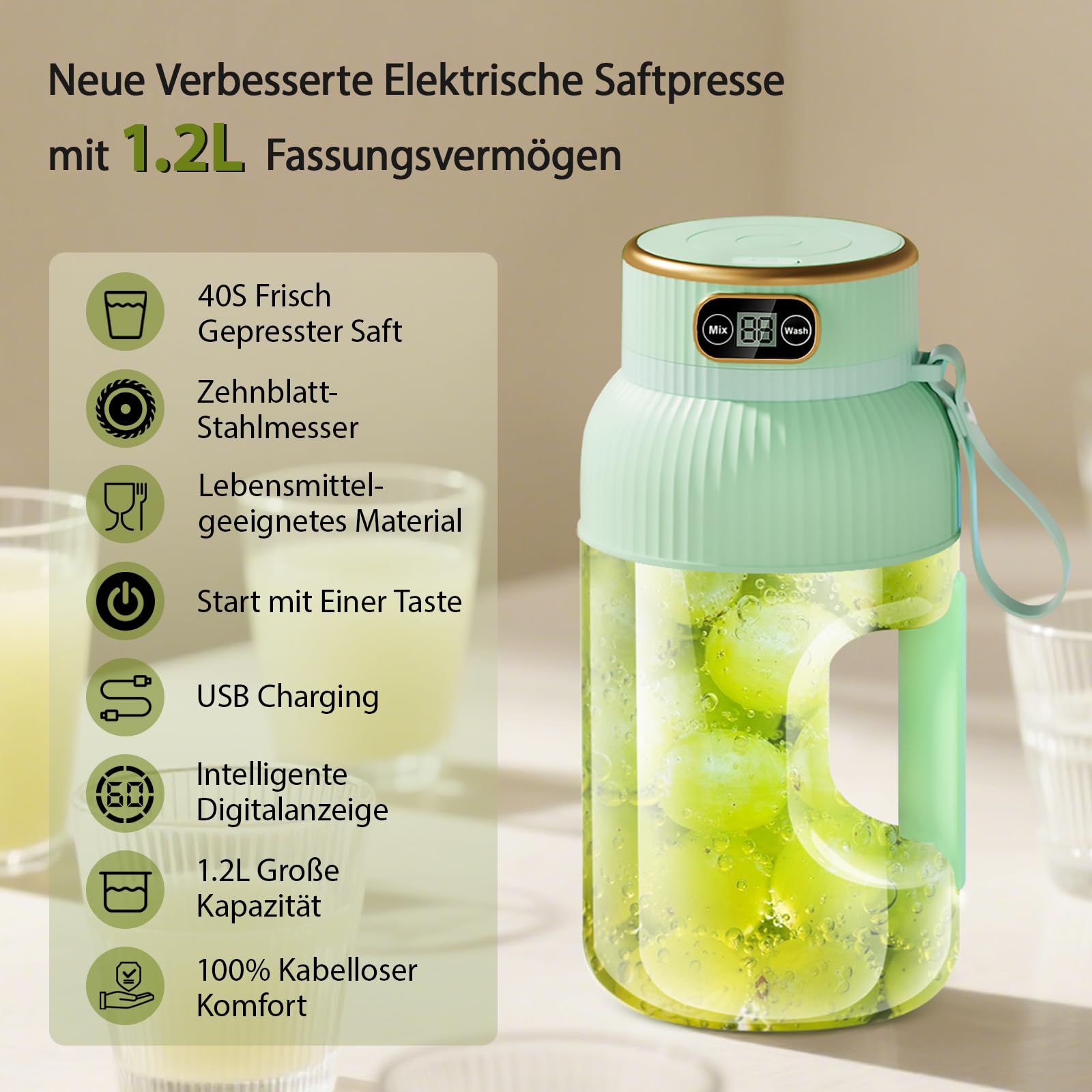 【Amélioré】Presse-agrumes électrique Rechargeable Fine Life Pro, Nouveau Grand Presse-agrumes électrique de 1,2 L Pour légumes et Fruits, (Vert - Extracteur de jus simple)