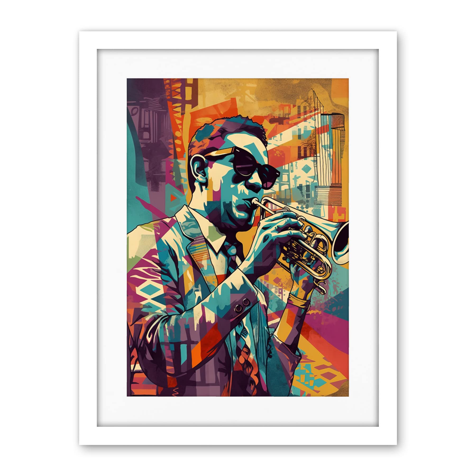 Artery8 Trumpet Player Jazz Musician with Sunglasses Modern Colour Linocut Print Artwork Framed Wall Art Print 18X24 Inch