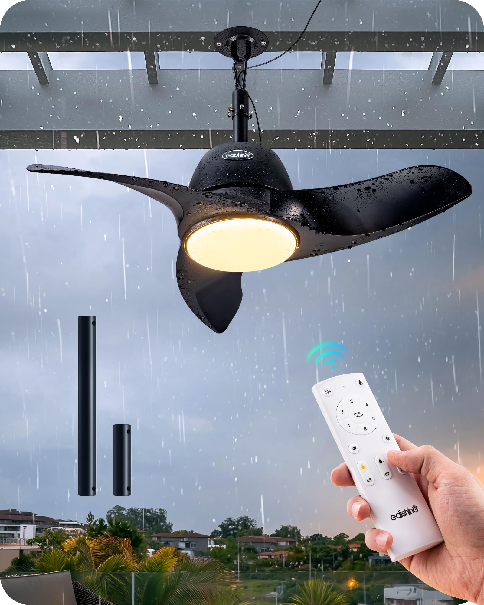 36" Outdoor Gazebo Fan With Dimmable Light And Memory Remote, Plug-In