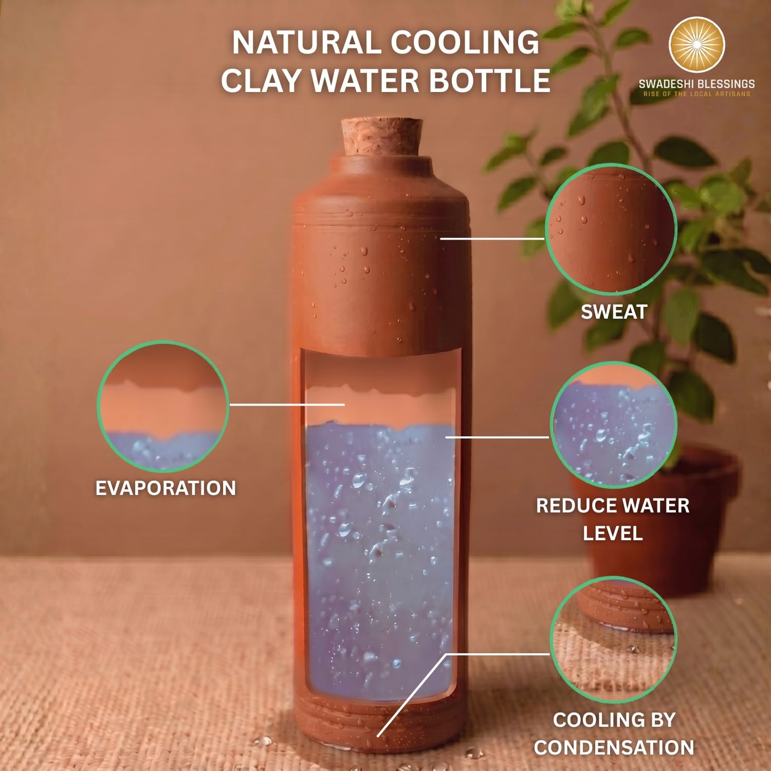 SWADESHI BLESSINGS Exklusive Produktreihe, unglasierte, handgefertigte Ton-Trinkflasche mit Tonkork/irdener Wasserflasche/Schlammflaschen/Mitti-Ke-Flaschen/Ayurvedischer Artikel (mit Spiegel-Finish) +
