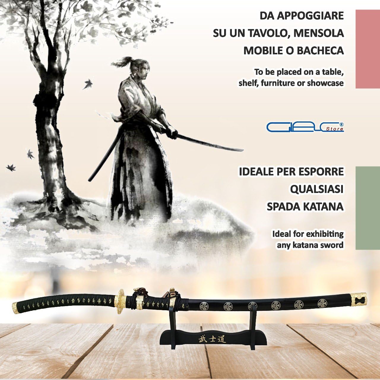 Espositore Supporto Piedistallo 1 Posto Velluto Grigio Scuro Scamosciato da Tavolo per Katana tipo Ultimo Samurai Miyamoto Musashi in Legno Scritte Giapponese e Ricambio