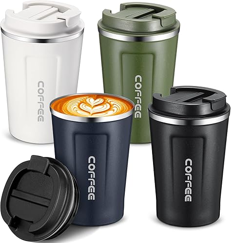 Miniatura 8 de 4 tazas de café de viaje aisladas de 13 onzas con tapa a prueba de fugas, taza de café de acero inoxidable, vaso portátil reutilizable para café,