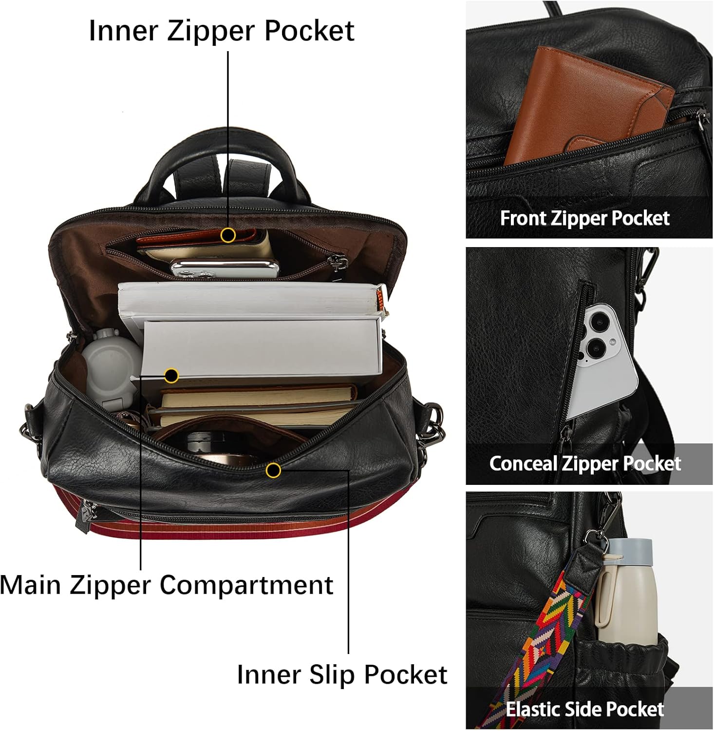BOSTANTEN Backpack Purse for Women Fashion Designer Travel Backpack Leather Convertible Shoulder Bags Casual Daypack Black