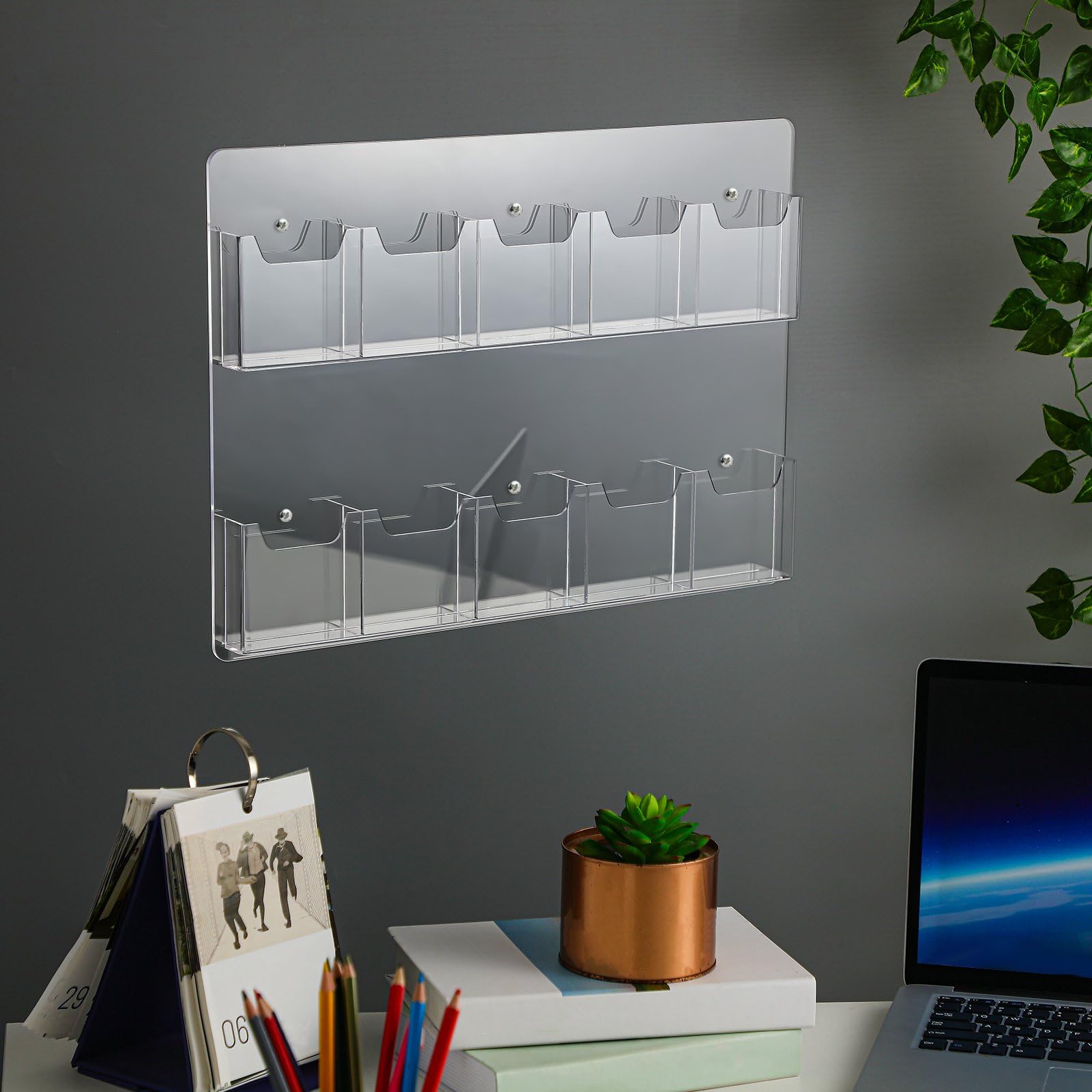 Eersida Broschürenhalter mit 10 Fächern, Acryl, Prospekthalter, Prospektständer, dreifach gefaltet, Multi-Slot-Halter, Wandhalterung, transparent, platzsparend, für Flyer, Literatur, Menü, Werbung