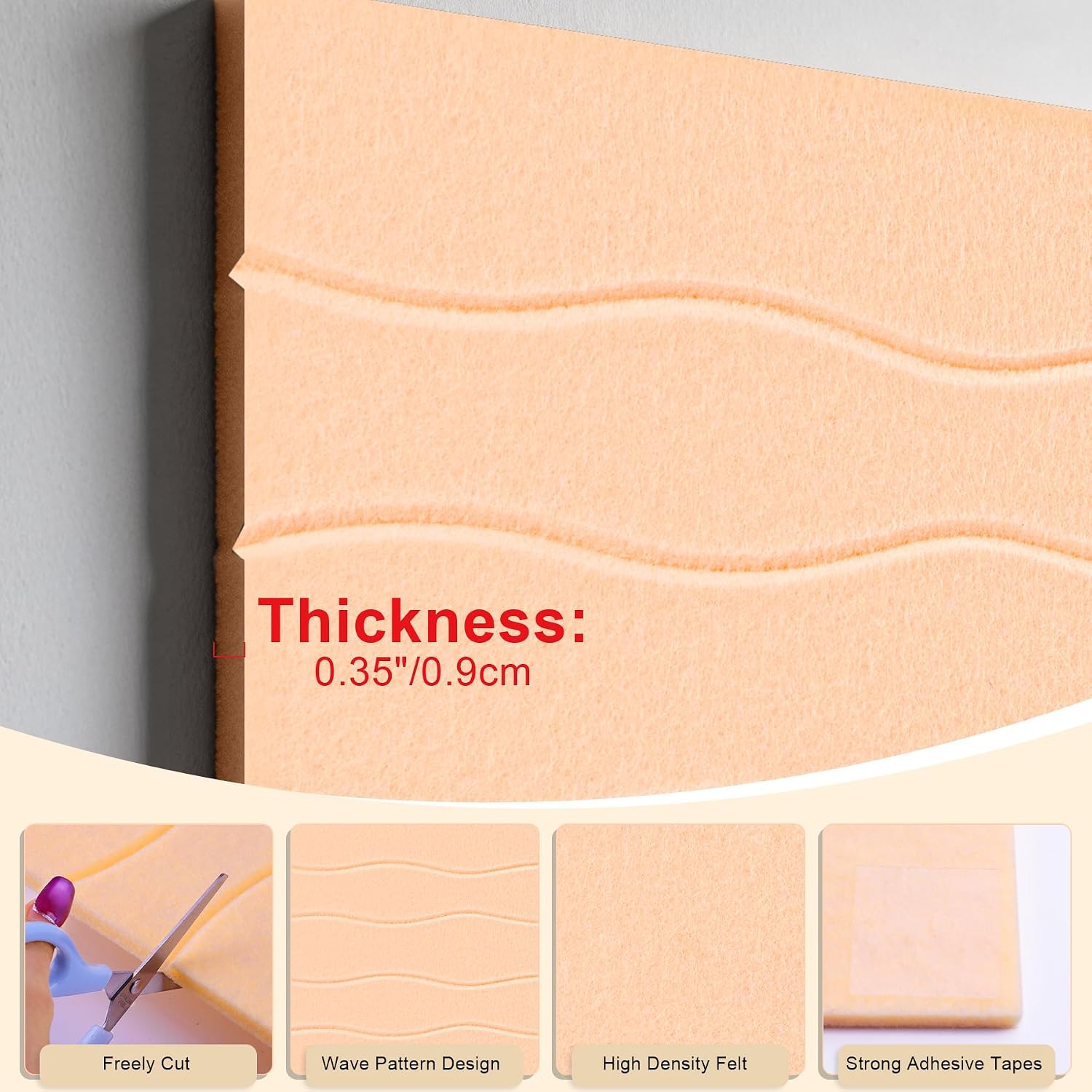 AKONEGE Large Felt Bulletin Board 48" x 36" Cork Board Alternative for Walls, 12 Pack Wavy Grain Felt Wall Tiles with 70 Adhesive Tabs & 20 Push Pins, Pin Boards for Office Home Decor, Peach Beige