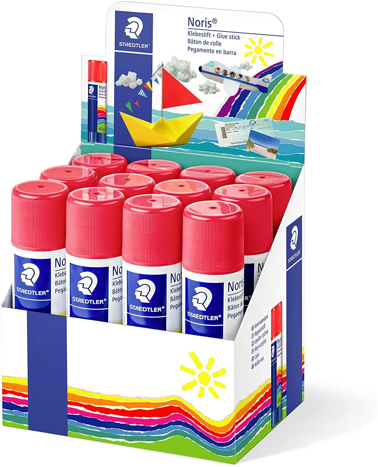 STAEDTLER Noris Présentoir de 12 bâtons de colle 40 g - sans solvants - Usage scolaire - Colle papier, carton, tissu, etc