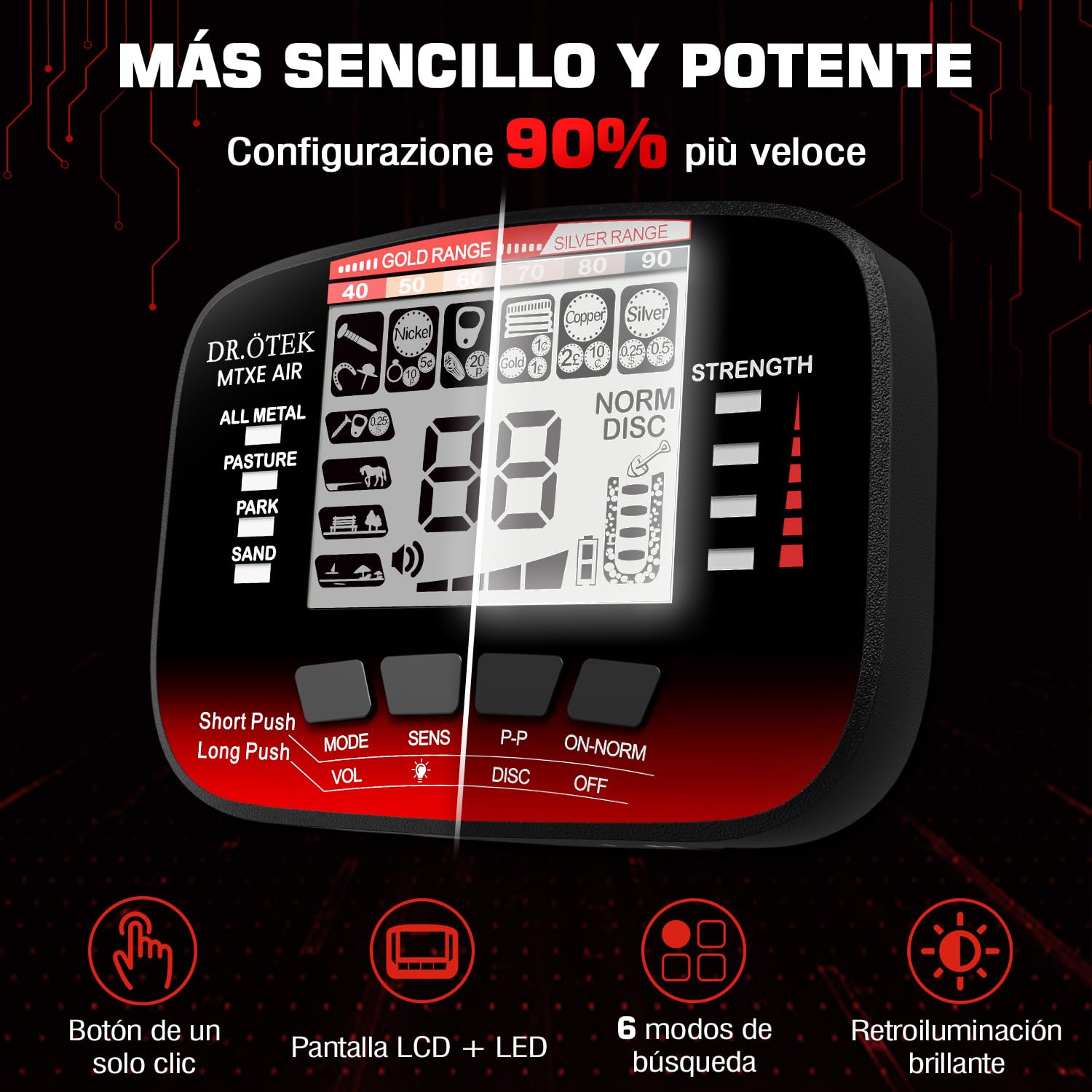 DR.ÖTEK Detector de Metales Profesional para Adultos y Niños, Impermeable para Oro con Modos Pinpoint y Terreno, Emparejamiento Rápido, 6 Modos, Alta Precisión, Ligero y Fácil de Usar,Rojo