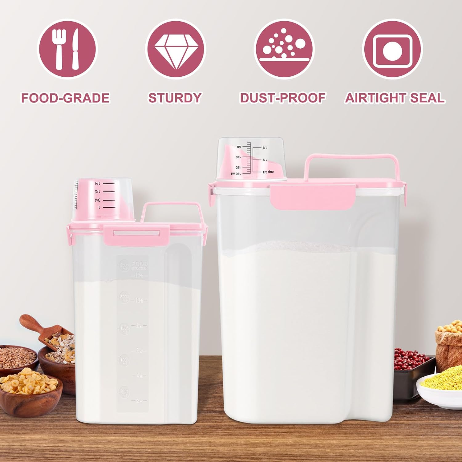 TBMax 2 Pack Airtight Rice Container 5 Lbs +10 Lbs, Cereal Container Oatmeal Storage with Easy-pouring Spout & Handy Cup for Flour Grain Beans, Pet Dog Cat Bird Food Storage Dispenser -Pink