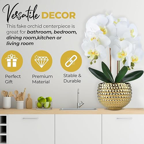 Miniatura 10 de Hisow Orquídeas artificiales grandes, orquídeas artificiales blancas de 17 pulgadas con maceta de cerámica para decoración de sala de estar, planta