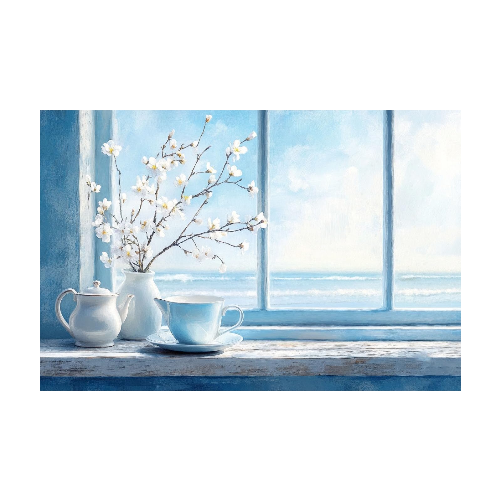 WIKEO Cuadros Decoracion Salon Modernos Paisaje de la playa de la ventana Imágenes de Playa Arenosa Costero Cuadros Decoracion Salon Dormitorio Comedor Pasillo（Blanco-80x120cm Sin marco