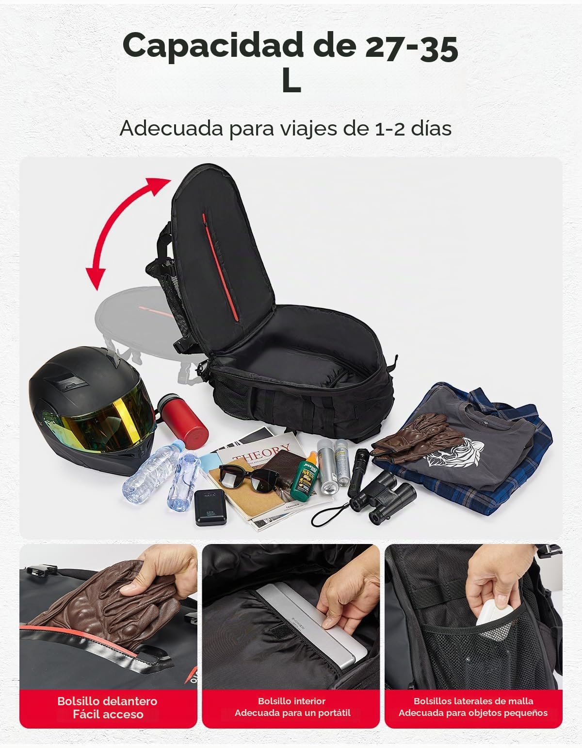 KEMIMOTO Mochila Casco de Moto, Bolsa de 35L con Red Oculta, Soporte Grande para Cascos