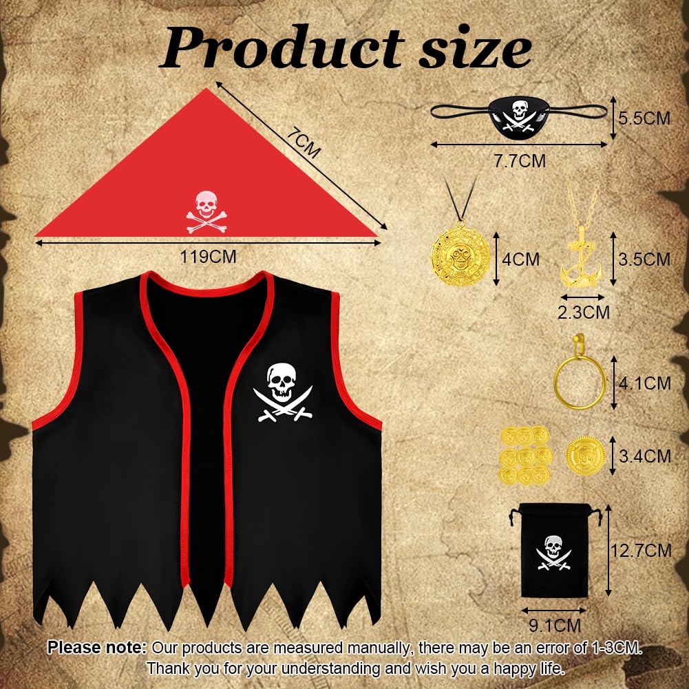 AOOWU Dziewczęcy kostium pirata na imprezę, 8 szt. Pirat gra fabularna ze spódnicą w paski, naszywka na oczy, kołnierz, pączek i chusta, kostium piratów dla dziewczynki na imprezę, Halloween i