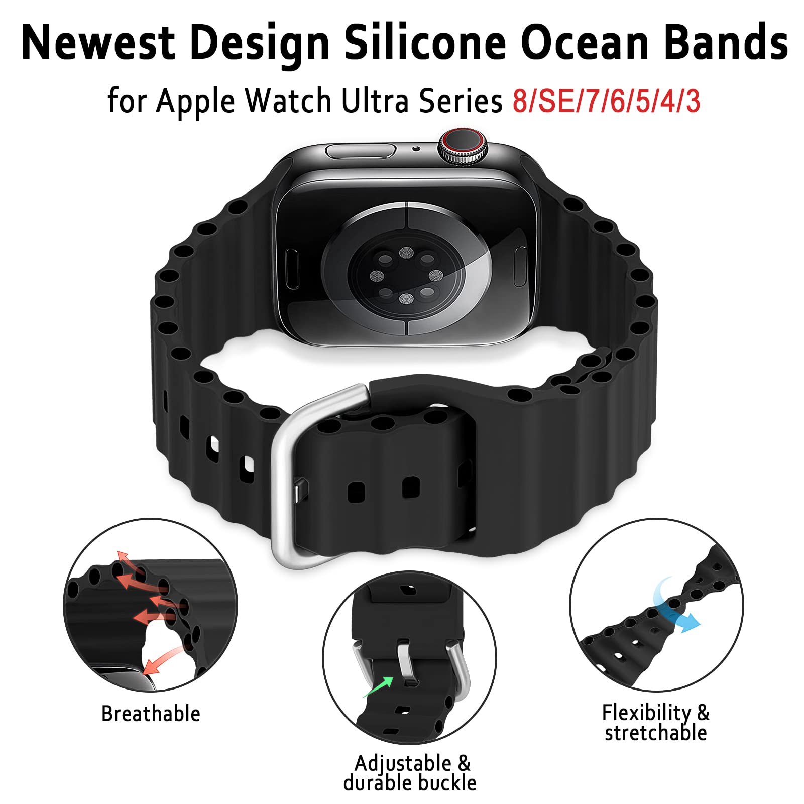 Ocean Band for Apple Watch Ultra/2 Bands 49mm 45mm 44mm 41mm 40mm iWatch Bands 42mm 38mm Men Women,Sport Band Silicone Breathable Strap Wristband for Apple Watch Ultra Series 9 8 7 6 5 4 3 2 1,SE 2/SE