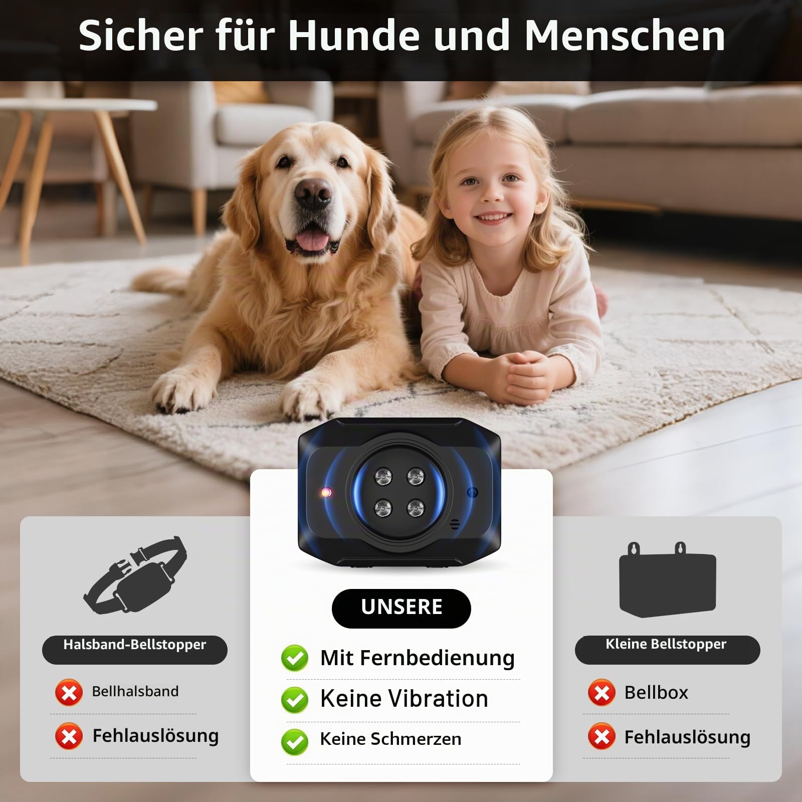 Anti Bell Gerät Hunde,55Ft Antibell für Hunde mit Fernbedienung,3 Modi, Drinnen und draußen IPX4 wasserdichtes Antibell Ultraschall Gerät,Geeignet für kleine, mittelgroße und große Hunde.