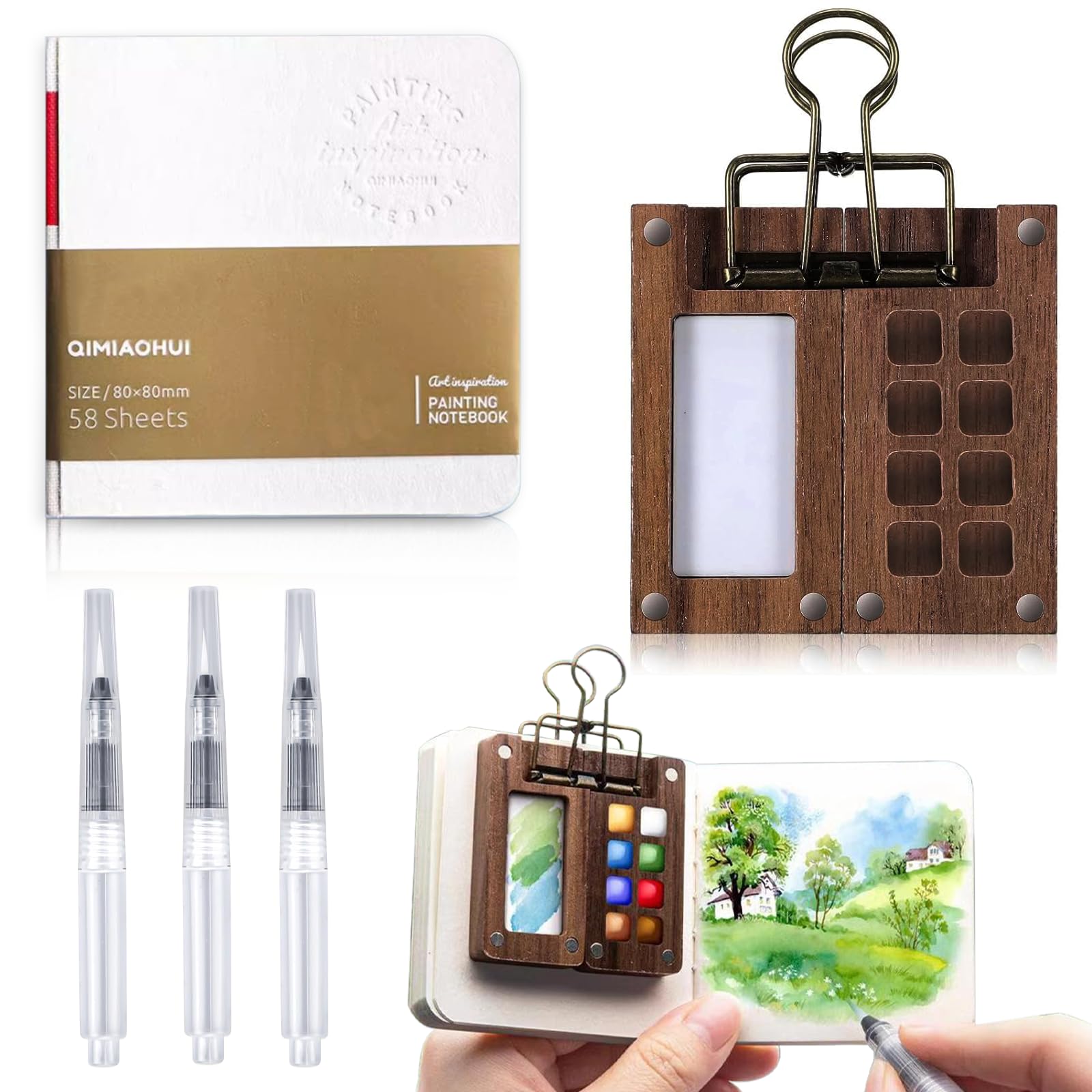 Mini Kit Aquarelle De Voyage - Palette 8 Grilles, 12 Pigments, Carnet De Croquis 8x8 Cm, Pinceau - Portable Pour Artistes