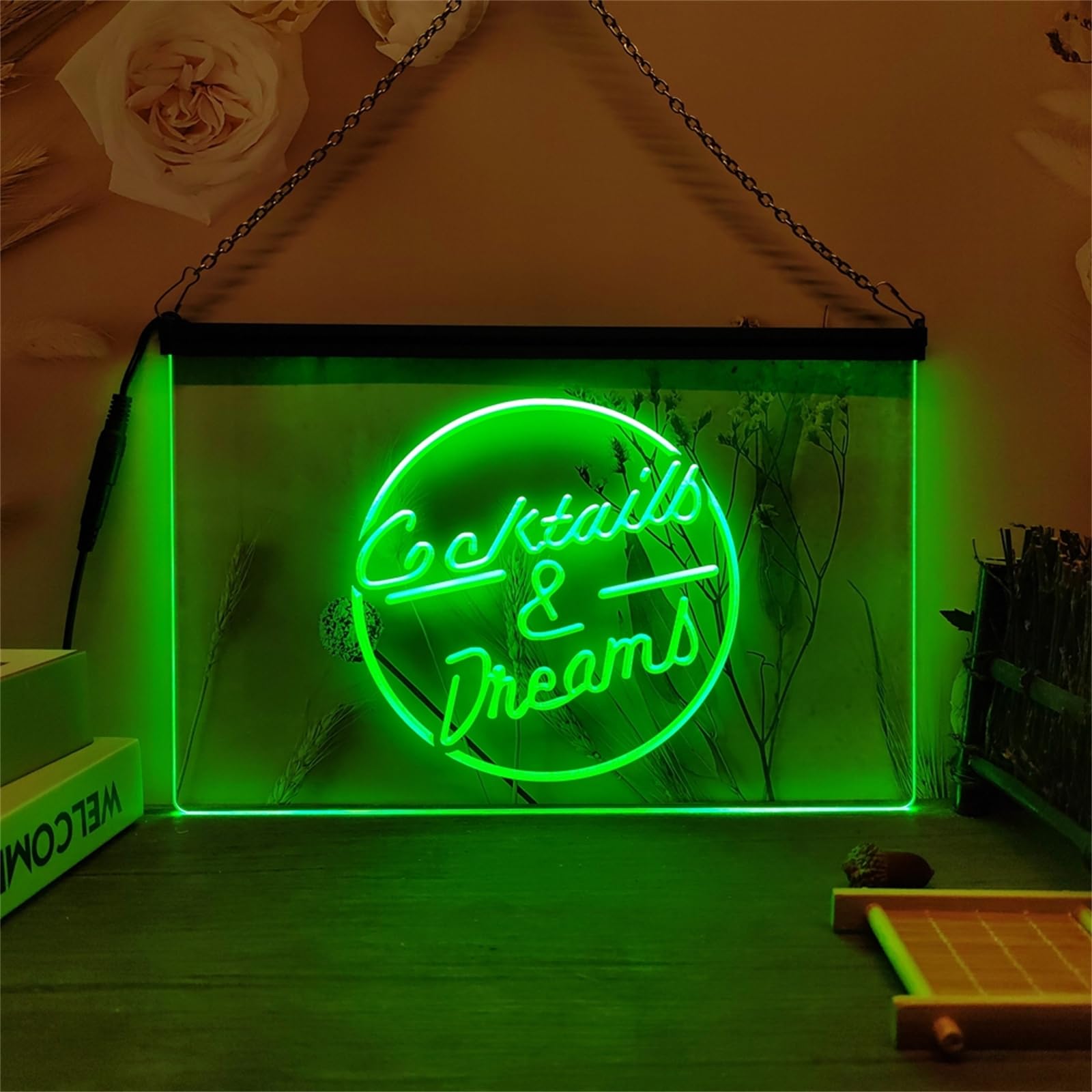 KEYQEEN Cocktails & Dreams LED Neon Sign, 3D Carving Neon Lights for Cocktails Bar Party Club Wall Decor USB Luminous Signs,Green,60x40cm