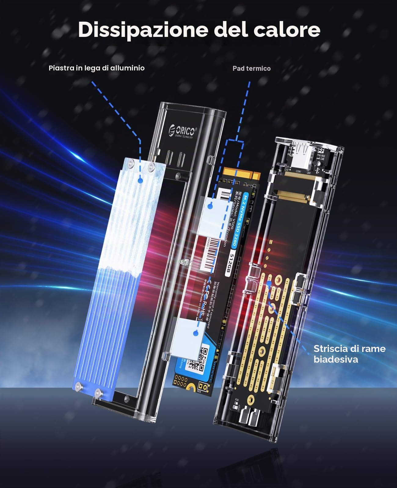 ORICO Case SSD NVMe M.2, USB Adattatore Type-C Enclosure USB3.1 Gen2 10Gbps Trasparente Esterno Disco Rigido per M.2 M-Key/B+M Key 2232/2250/2260/2280 SSD, con Cavi USB C TO A e C TO C (Blu)-TCM2