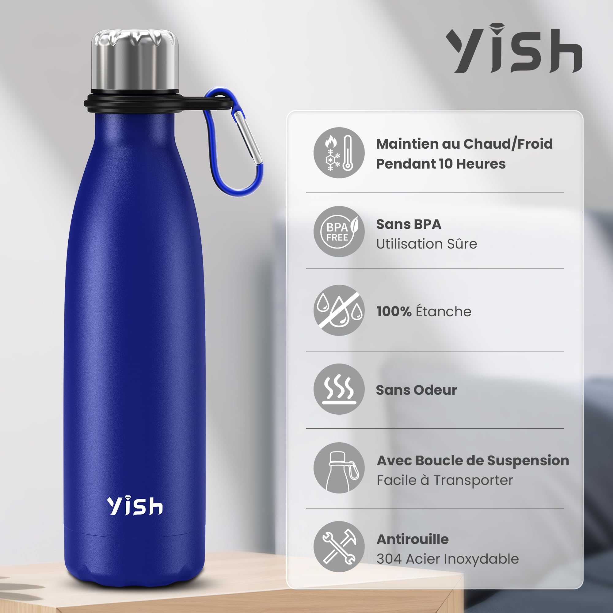 Gourde Isotherme YISH 500ml - Acier Inox, 10h Froid/chaud, Sans BPA, Avec Mousqueton - Pour Sport, Voyage, Bureau - 2