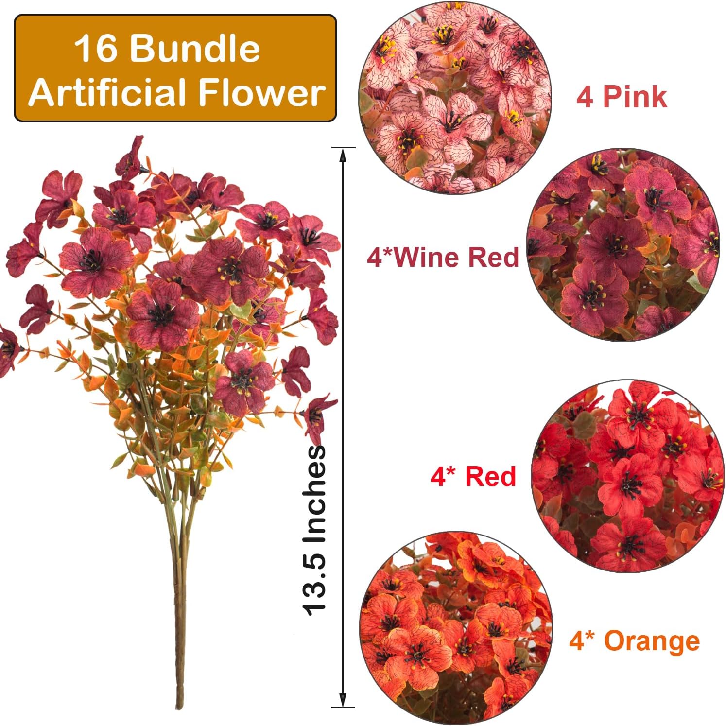 16 Bundles Artificial Fall Flowers, UV Resistant Faux Plants for Outdoor Decor - Fake Greenery for Porch, Patio, Garden, Thanksgiving Christmas Home Decoration (Mixed Colors) - Image 2