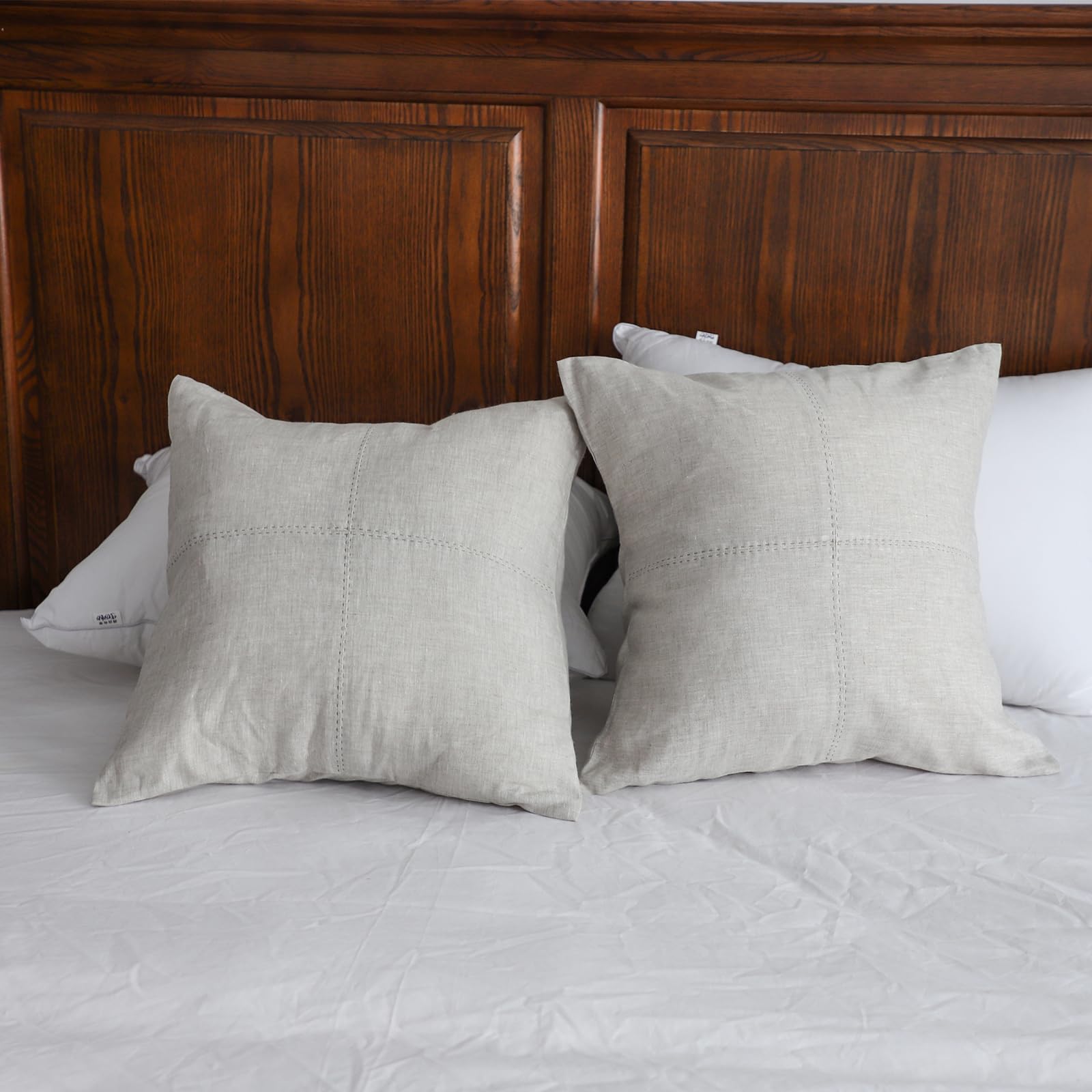 Simple&Opulence Patchwork Linen Throw Pillow Covers, Pack of 2 Natural Flax Decorative Square Cushion Cover for Sofa Couch Chair Decor Home Gift - Linen, 18'' x 18''