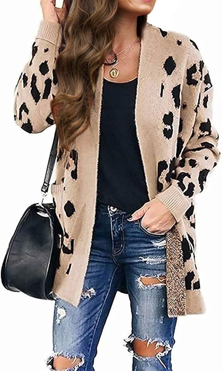 ZESICA Women's Long Sleeves Open Front Leopard Print Knitted Sweater Cardigan Coat Outwear with Pockets at  Women’s Clothing store