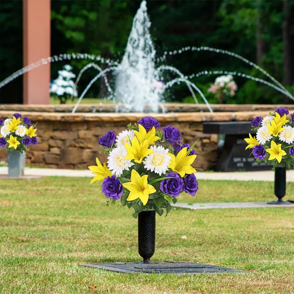 Cemetery Flowers 2pack Cemetery Decorations for Grave Funeral Flowers Rose Lily Chrysanthemum Artificial Cemetery Flowers for Grave Graveyard Memorial Flowers for Gravesite Headstones -Purple Yellow - Image 6