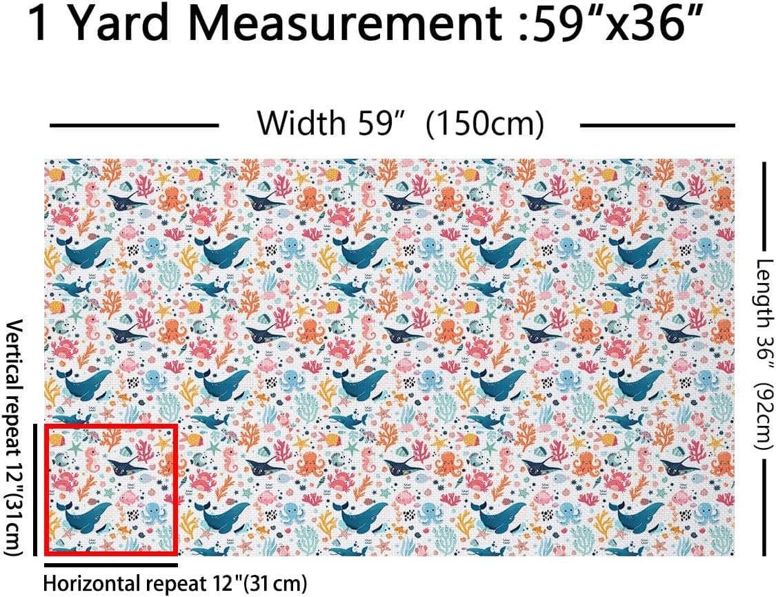 Ocean Fabric by The Yard 3 Yards Kids Hippocampal Octopus Whale Decorative Waterproof Outdoor Fabric Sea Printed Upholstery Fabric for Chairs Marine Theme Cute