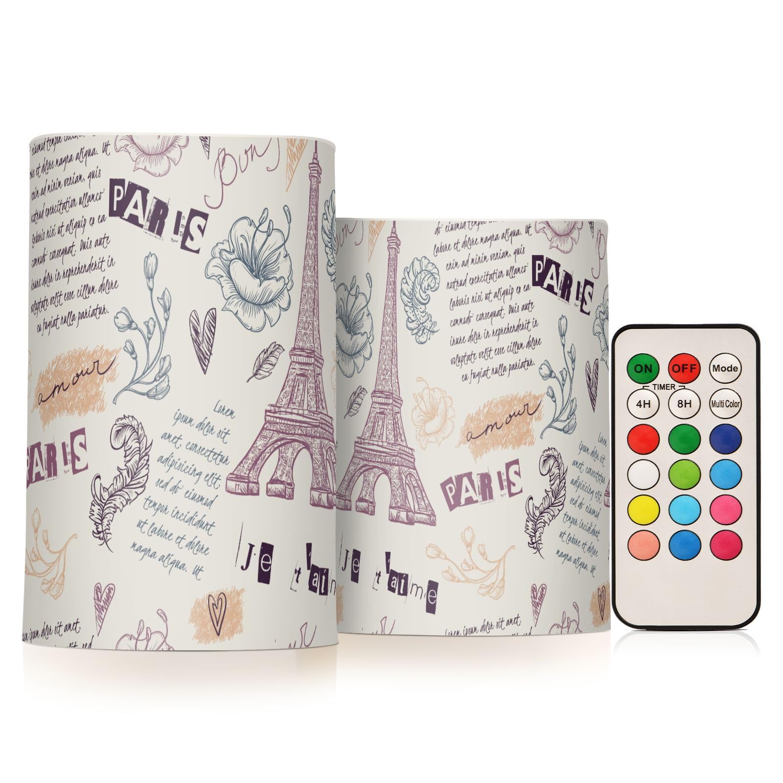 famyily Vintage Paris Love Valentine's Day Eiffel Tower Retro Cute Flameless Pillar Candle Led Candles with Battery Powered for Fireplace 4" 5" Set of 2