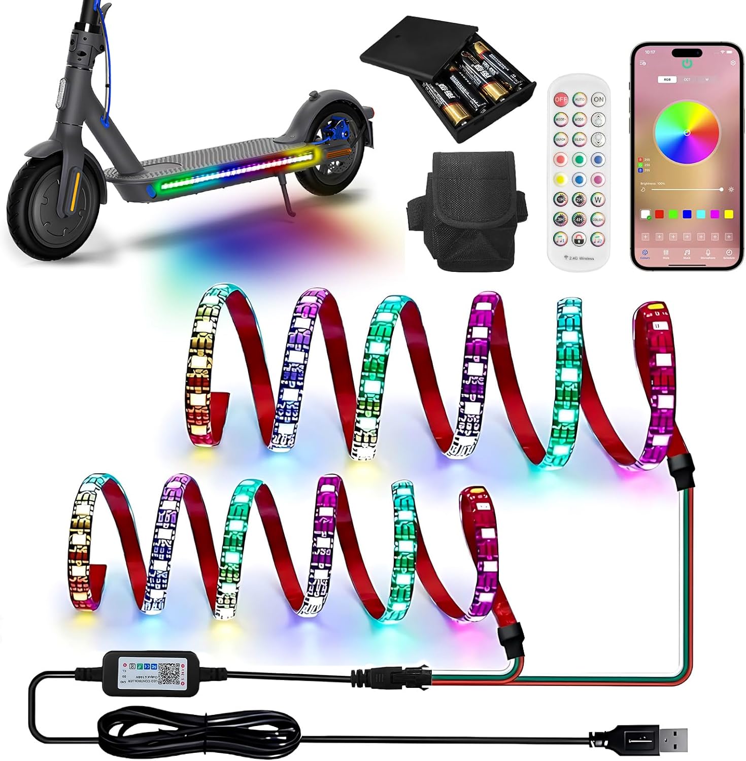 StoneBanks Scooter LED Lights for Night Riding, 47 Inch RGB Light Strip Battery Powered & Waterproof Electric Skateboard Light with Remote & App Control USB Rechargeable Longboard Lights 60LEDs