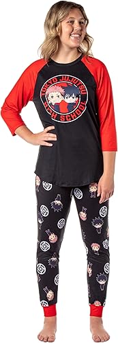 Bioworld Jujutsu Kaisen - Pijama para mujer Tokyo Jujutsu High School Yuji Itadori y Megumi Fushiguro Raglan Jogger Pijama Conjunto