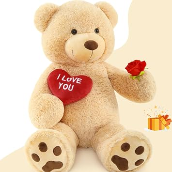 MorisMos 90cm/36in Cute I LOVE YOU Teddy Bear, Large Cuddly Super Soft Teddybear, Fluffy Stuffed Teddys Plush Toy Gifts for Kids Girls Wife Girlfriend Birthday, Party Decor 3ft Light Brown