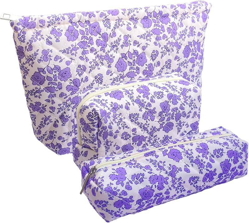 Conjunto com 3 necessaires de maquiagem acolchoadas florais roxas WYJ