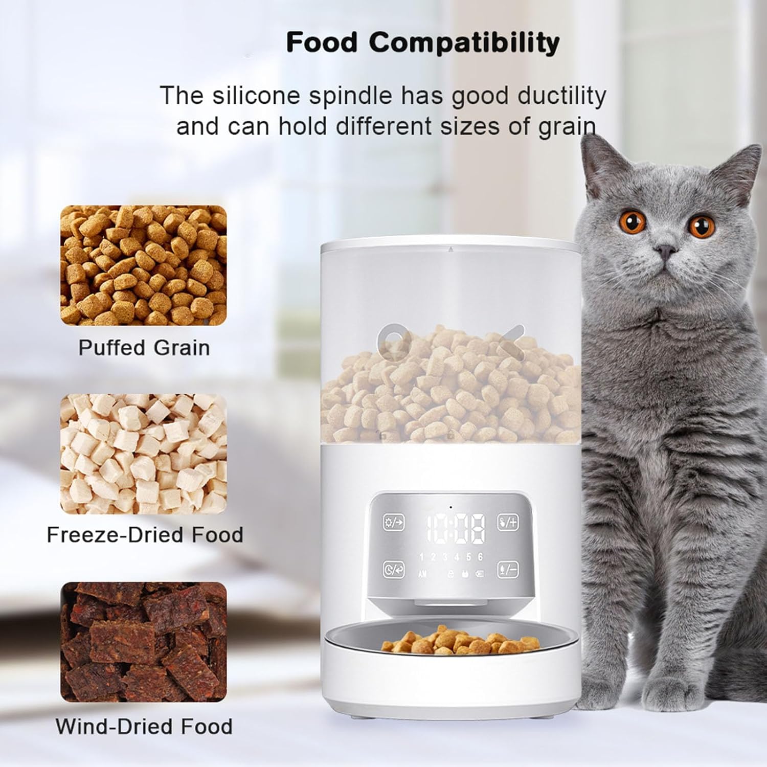 Automatic Pet Feeder, Dual Power Supply, Programmable Timer, LED Touch Screen, Recordable, Compatible with Dry Food for Cats and Dogs