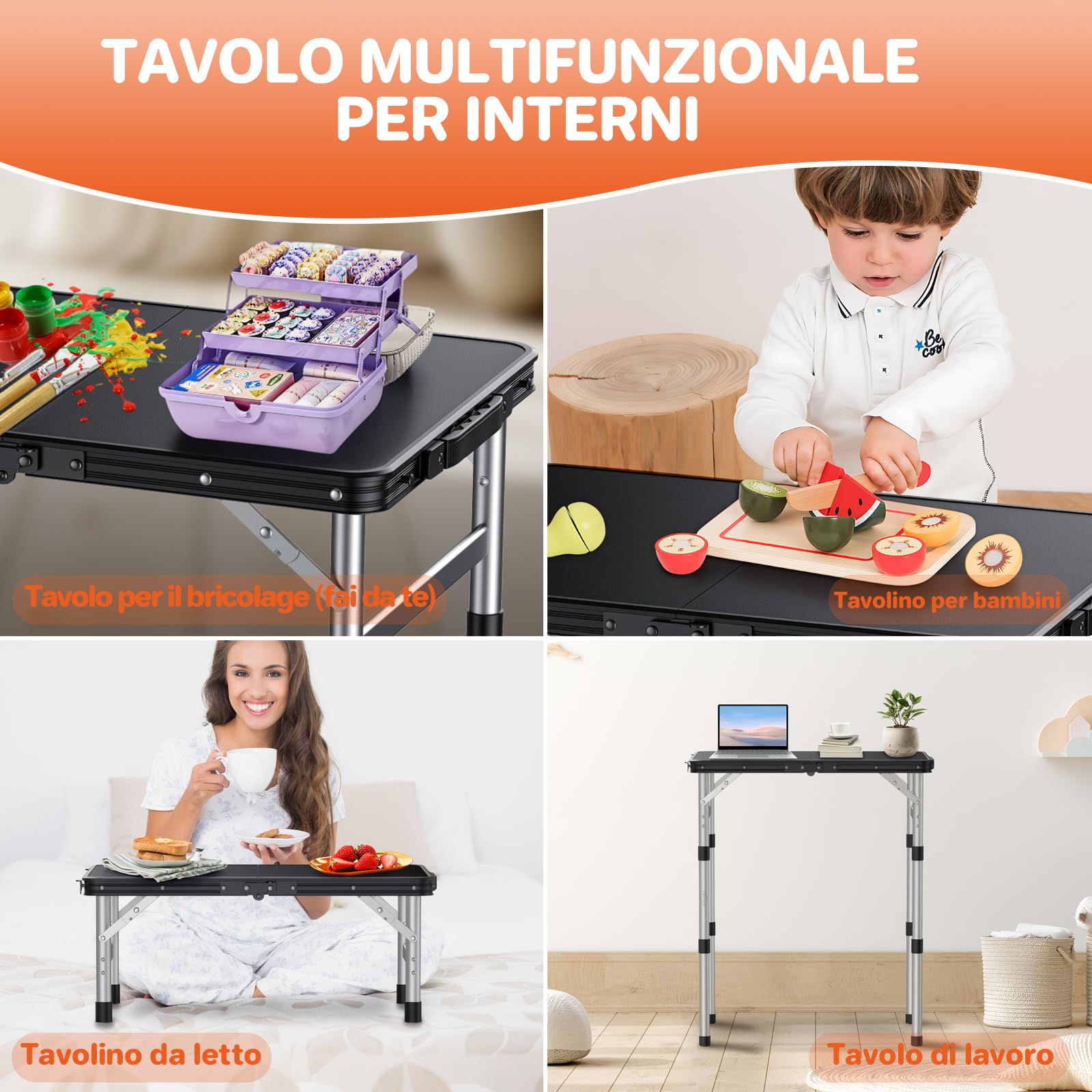 FUNYKICH Tavolo da Campeggio Pieghevole,3 Altezze Regolabili 26/48/70 cm | Tavolo da Picnic 58x40 cm,Plastica Telaio in Lega di Alluminio,Impermeabile,Portatile,per Barbecue/Pesca