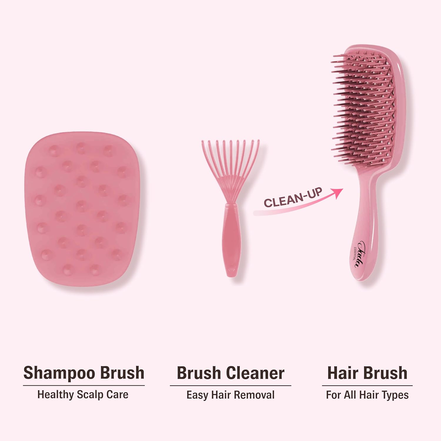 TADA Essential - 3PCS Scented Perfume Haircare Tools Set, Detangling Brush, Scalp Scrubber & Hairbrush Cleaning Tool, Detangler for Thick, Curly Hair, Rose, Lavender, Mint & Vanilla (Rose)